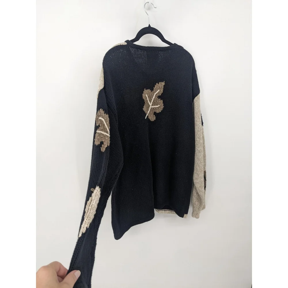Vintage Sweater Women XL Black Beige Long Cardigan‎ Fall Leaves Embroidered Knit
